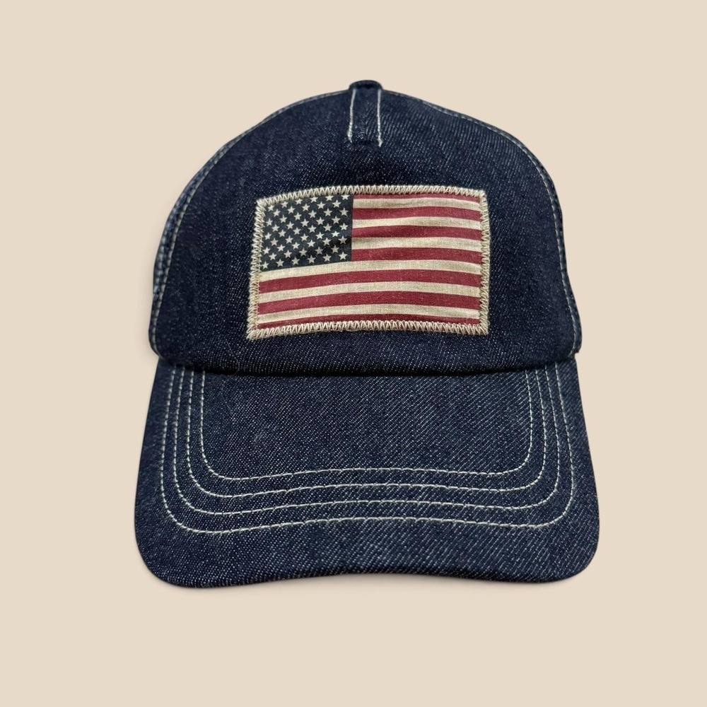 Polo Ralph Lauren Denim Mesh Trucker Snap Back USA Flag Hat Navy Blue Mens